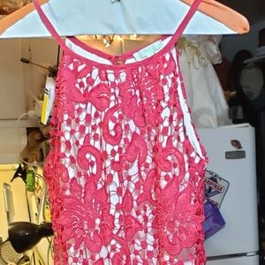 COCKTAIL Dress Red Lace Over White JADE Size Small